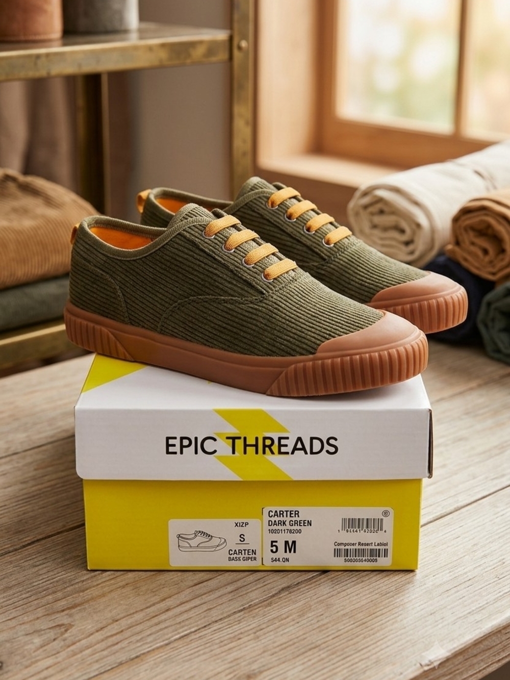 Epic Threads Dark Green Corduroy Low-Top Sneakers with Tan Gum Sole